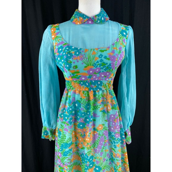 Vtg 60s MOD Maxi Dress XS/S Chiffon Flower Power Psychedelic Hippie‎ Gown Floral - Picture 3 of 13